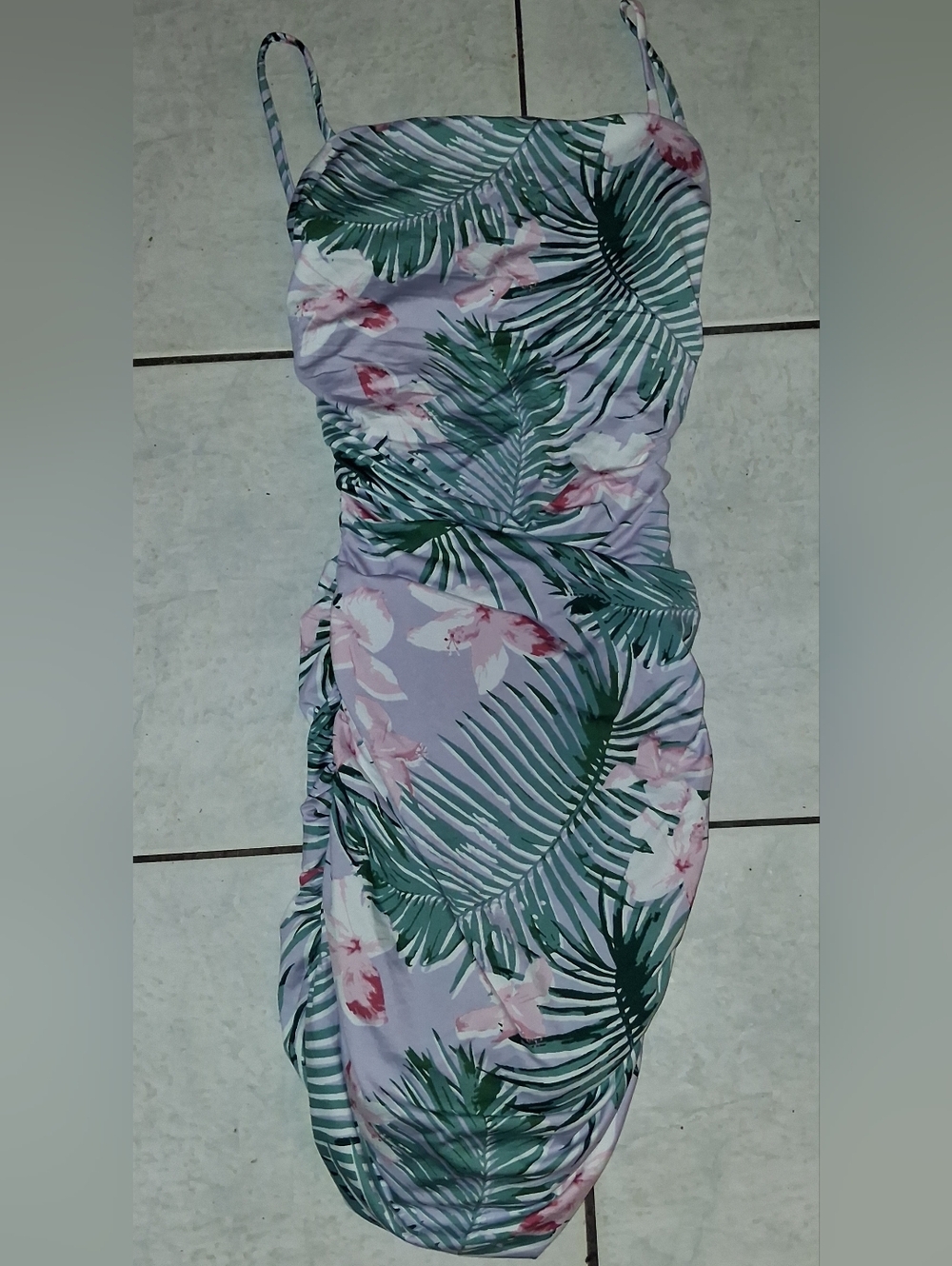 Revamped Lavender Tropical Leaf Ruched Midi Dress